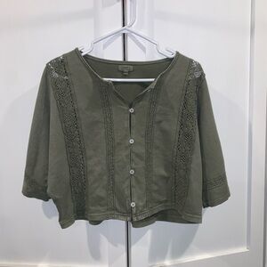 Aerie Sage Green Button-Up Blouse with Lace